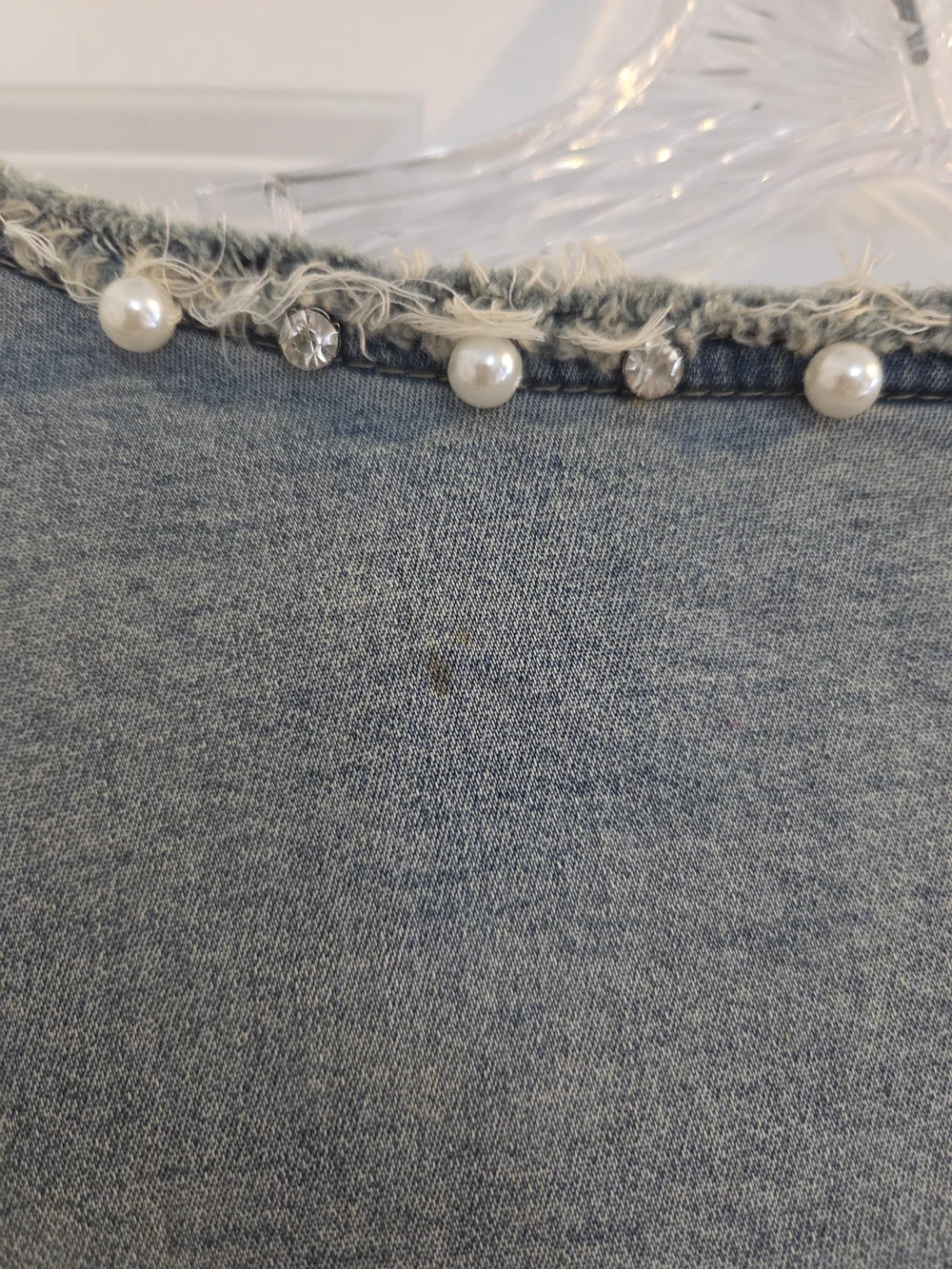 Women’s Light Wash Denim Jacket with Beaded Collar